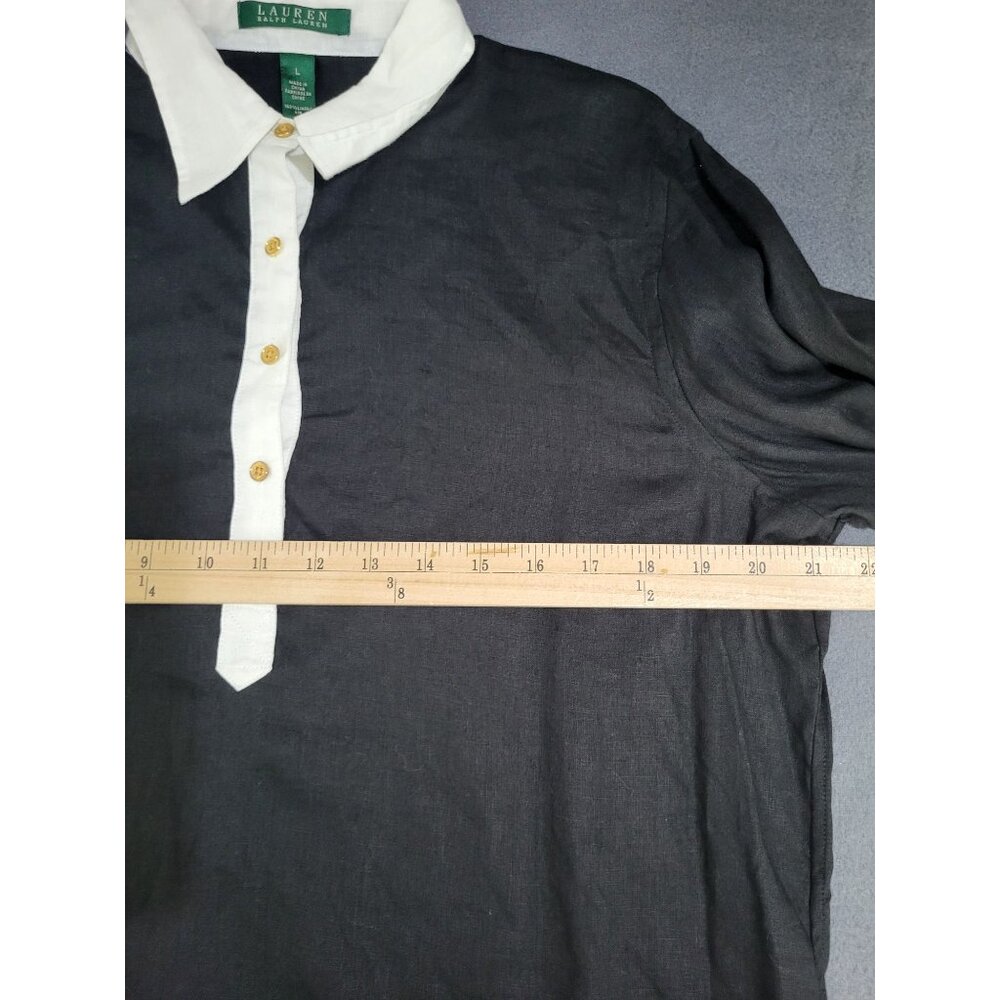 LAUREN RALPH LAUREN Women's SZ L Black Linen Blouse White Collar Gold Buttons - Picture 6 of 7